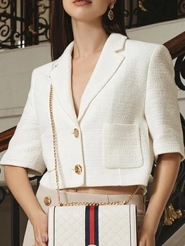 Žene 2022 za modni teksturom skraćeni blazers kaput berba džepa kratkih rukava ženska gornja odjeća šik vrhovima