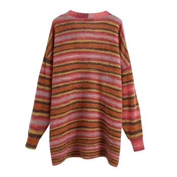 2021 Vintage Jesen V-neck, kontrastne boje na pruge pletene cardigan Za žene Paket bedra Ravne hlače Duge hlače Džemper Kit