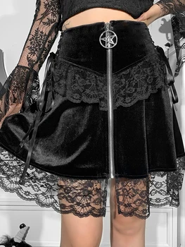 Berba baršun suknje s visokim strukom čipka-up Gotička Bajka Grunge Suknja na munje Punk Pentagram E Djevojka Ulični Šik odjeću