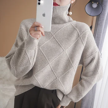 Jesen i zima Džemper od čiste vune Ženski vuneni pulover s visokim ovratnikom Slobodan pulover s lijen vjetrom Džemper Velike veličine Topli debeli džemper