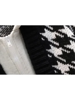 Kardigan Ženski pletene džemper sa kapuljačom Kaput Slobodan kolaž u kavez Funky jakna zip Jesen zima topla odjeća негабаритная