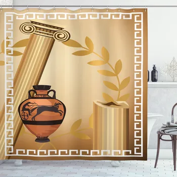 Klasicni Set Zavjese Za tuširanje Antički Grčki Stupovi Vaza s Maslinova Grančica Zavjese za uređenje Kupaonice 12 Kuke Dekorativni Detalj za kadu