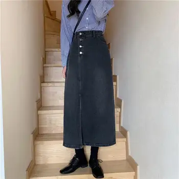 Ljeto 2022 Nova ženska dugačka traper suknja Vintage traper suknje s visokim strukom Ženske ravne suknje-olovka trapeznog oblika s prorezom