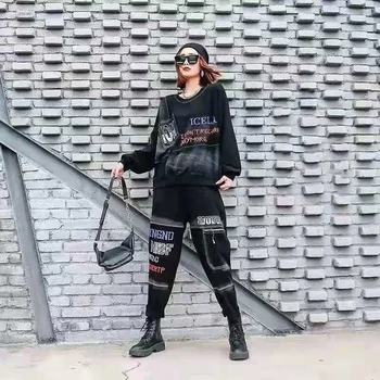 Max Lulu Ženske punk-kompleti iz dva predmeta Crna majica dugih rukava i gotički hlače Moderan sportski odijelo Ženske odjeće zatvarač po cijeloj površini s 0