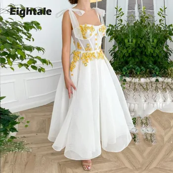 Osam Bijelih i zlatnih maturalne haljine na trake Trapeznog oblika Čaj duljine s otvorenim leđima Večernjih haljina za zurke slavnih 2021