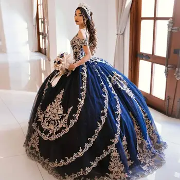 Princeza Tamno plava vestidos de 15 años Bujne Haljine 2021 Slatko haljina 16 Coleccion Шарро Loptu haljina Gradacija haljine