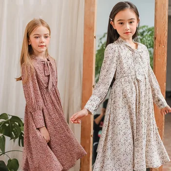 Proljeće шифоновое haljina za djevojčice od 5 do 14 godina dugih rukava i cvjetnim ispis, duge haljine za djecu, mlade, Dnevne haljine na otvorenom, odjeća