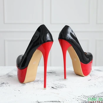Super seksi crvene ženske cipele-brod na ukosnica s debljim dnom od lakirane kože na visoku petu 16 cm, ženske cipele na T-profil potplatima, jesenje štikle, Velike veličine 41 42