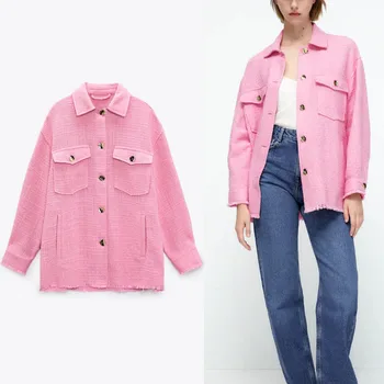 ZA 2021 Pink текстурированная jesenski jakna za žene s dugim rukavima Otrcana rub Slobodan gornja košulja Modnih gumbi Ženske Berba jakne kaputi